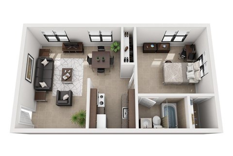 A top-down view of a modern apartment with a living room, kitchen, and bedroom.
